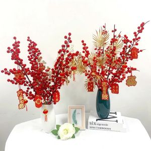 (Hàng tốt) Cành đào đông đỏ Cherry 12 nhánh dài 99cm trang trí ngày tết dùng cắm bình hoa