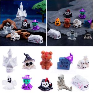 MEMGOUO Castle Car Wizard Halloween Miniature Figurine Multicolor Bone Skull skeleton Cartoon Scary Bear Statue Gift Micro Landscape Desktop Knick-knack Festival Supplies