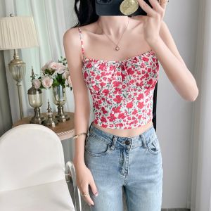 Floral Girly Y2K Sweet Floral Girl Knitted Cotton Spaghetti Sleeveless Top Summer Slim Ladies