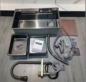 Chậu Rửa Bát 1 Hố Inox 304 Có Vòi Rút Thác Nước Bồn Rửa Chén 1 Ngăn Lớn Gồm Thớt Nước Ngang Khay Rửa Xiphong