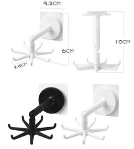 360 Degree Rotatable 6 Hooks Kitchen Utensil Hanger Self Adhesive Wall-mounted No Drilling Top/Side-hanging Home Bathroom Closet Cabinet Organizer Holder