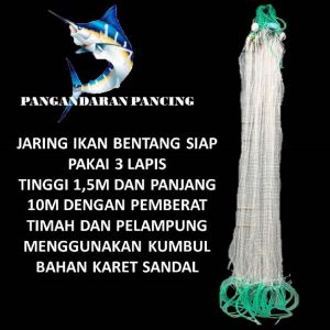 Jaring ikan siap pakai 3 lapis tinggi 15m panjang 10m Jaring Ikan Bentang  jaring luar 5in senar 028mm  jaring dalam 1 3/4in senar 020mm