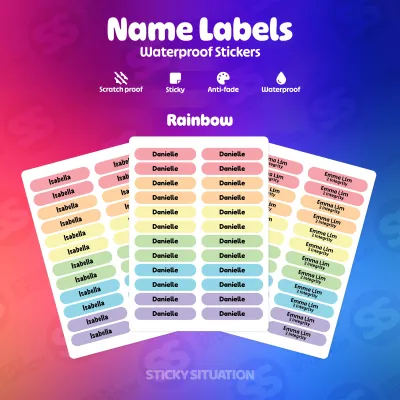 Rainbow Mini Custom Name Stickers – Waterproof Personalized Labels for Kids & School Supplies
