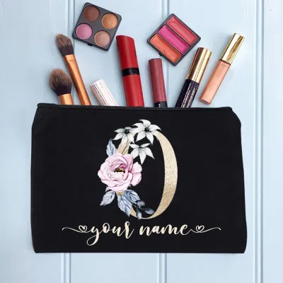 Custom Name Floral Alphabet Zipper Pouch Personalised Makeup Bag Cosmetic Pouch Birthday /Wedding/Mother/Christmas/Teacher Gift