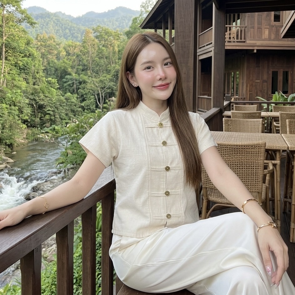 เสื้อคอจีนแขนสั้นกระดุมเหรียญ ผ้าฝ้ายชินมัย ทรงสวย ใส่สบาย ไซส์ใหญ่ก็ใส่ได้ มุมมองที่ 3