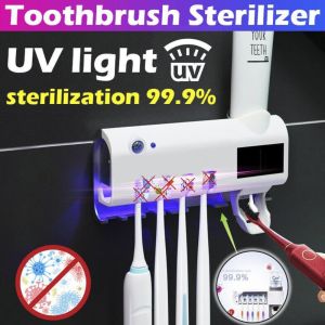 Toothbrush Holder Sterilizer UV Light Toothpaste Dispenser Bathroom Toothbrush Storage USB Charge