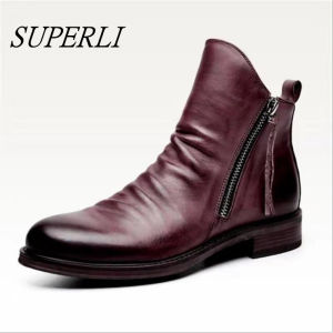 SUPERLI Men Boots Leather Vintage Fashion Mens Shoes Zip Winter Autumn Ankle Boots Military Motorcycle Big Size Boots For Men Size 38-48