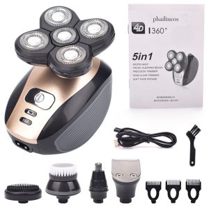 5 In 1 4D Mens Rechargeable Bald Head Electric Shaver 5 Floating Heads Beard Nose Ear Hair Trimmer Razor Clipper Facial Brush