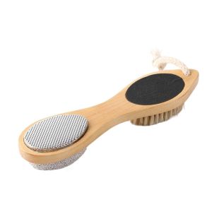 OMQAIO Handheld Wooden Handle Foot File with Hanging Hole Four in One Design Foot Rub Scrubber Stainless Steel Rub Comfortable Grip Feet Callus Remover Woman
