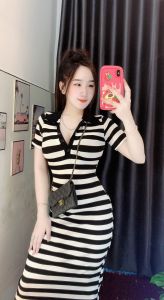ĐẦM SỌC CHẤT GÂN TĂM ÔM BODY CỔ SƠ MI CÓ NÚT GÀI TÔN DÁNG XINH ĐI CHƠI ĐI TIỆC ĐỀU ĐẸP(có 2 size từ 40-60kg)