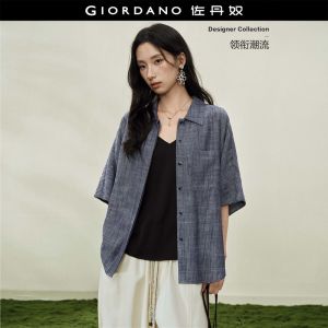 Giordano Women Linen single pocket five-quarter sleeve woven casual shirt - High Quality Free Shipping 18346605