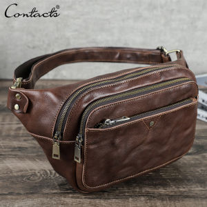 CONTACTS Genuine Leather Mens Waist Bag Luxury Designer Fanny Pack Belt Bag Phone Pouch Male Bag Chest Bag