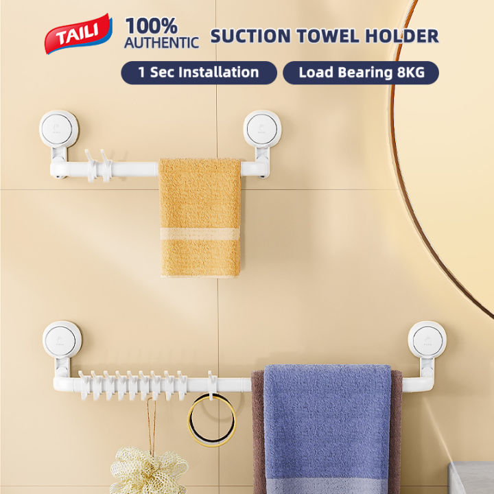 TAILI Suction Cup Bath Towel Bar with 10 Hooks Drill-Free Towel