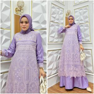 Mula Store - Gamis Organza Bordir Motif Bolong Mix Maxmara Silk Model Kancing Lepas Pasang