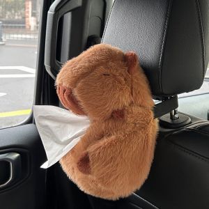 Creative Plush Capybara Car Tissue Box Auto Sun Visor Seat Back Hanging Tissue Box Holder Car Armrest Box Paper Towel Organizer