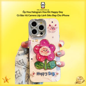Ốp Hoa Halogram Hoa Đỏ Happy Day Có Bảo Vệ Camera Lấp Lánh Siêu Đẹp Cho iPhone 11 12 13 14 15 16 17 Plus/ Pro/ Promax