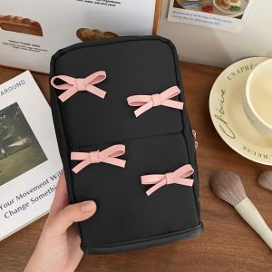 BAIXL Partitioned Nylon Vertical Makeup Bag Pencil Case Pink Bowknot Bow Cosmetic Bag Toiletry Organizer Large Capacity Skincare Storage Bag Travel