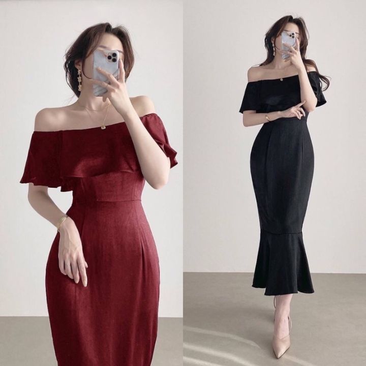 midi dress korean sabrina kasual DERYA Dress Sabrina Korean Style Jumbo Wanita Dres Big Size Gaun Casual A  Line Lengan Panjang Oversize Crop Top Rajut Lengan Pendek Perempuan Dewasa
