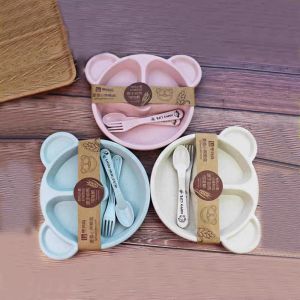 ชุดอาหารเด็ก ชุดช้อนและจานหมีแพนด้า จานแบ่งจากฟางข้าว จานและช้อนส้อม 3 ชิ้นสำหรับนักเรียนอนุบาล สีชมพู สีฟ้า