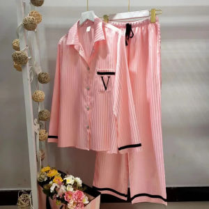Laautumn long-sleeved womens silk pajamas two-piece set pink striped satin cardigan Shirt pants set luxury fashion home wear