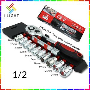 (Fast Delivery)12Pcs CR-V Portable Ratchet Wrench Suit 1/41/2 Mechanic Spanner Car Repair Tool