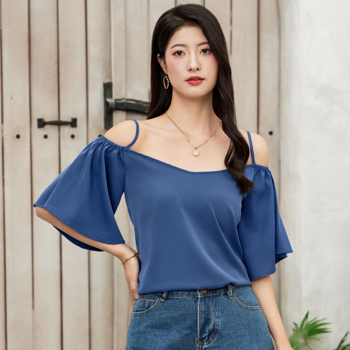 Branché Blouses Flared Short Sleeves Spaghetti Straps V Neck Off ...