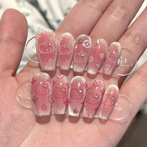 10PCS Sanrio Nail Art Hello Kitty Press On Nails Kawaii Pure Handmade Rhinestone Inlay Shiny Nail Charms Fingernails Accessories