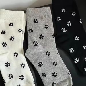 3Pairs INS Puppy Paw Printed Socks Cute Korean Autumn Winter Mid-tube Socks Women Girls