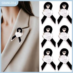 【SHANGZE4】 Men kim loại Ribbon Camellia tang lễ Ribbon pins trang trí tưởng niệm Lapel pins Quà Tặng phù hiệu ve áo trang sức phụ kiện
