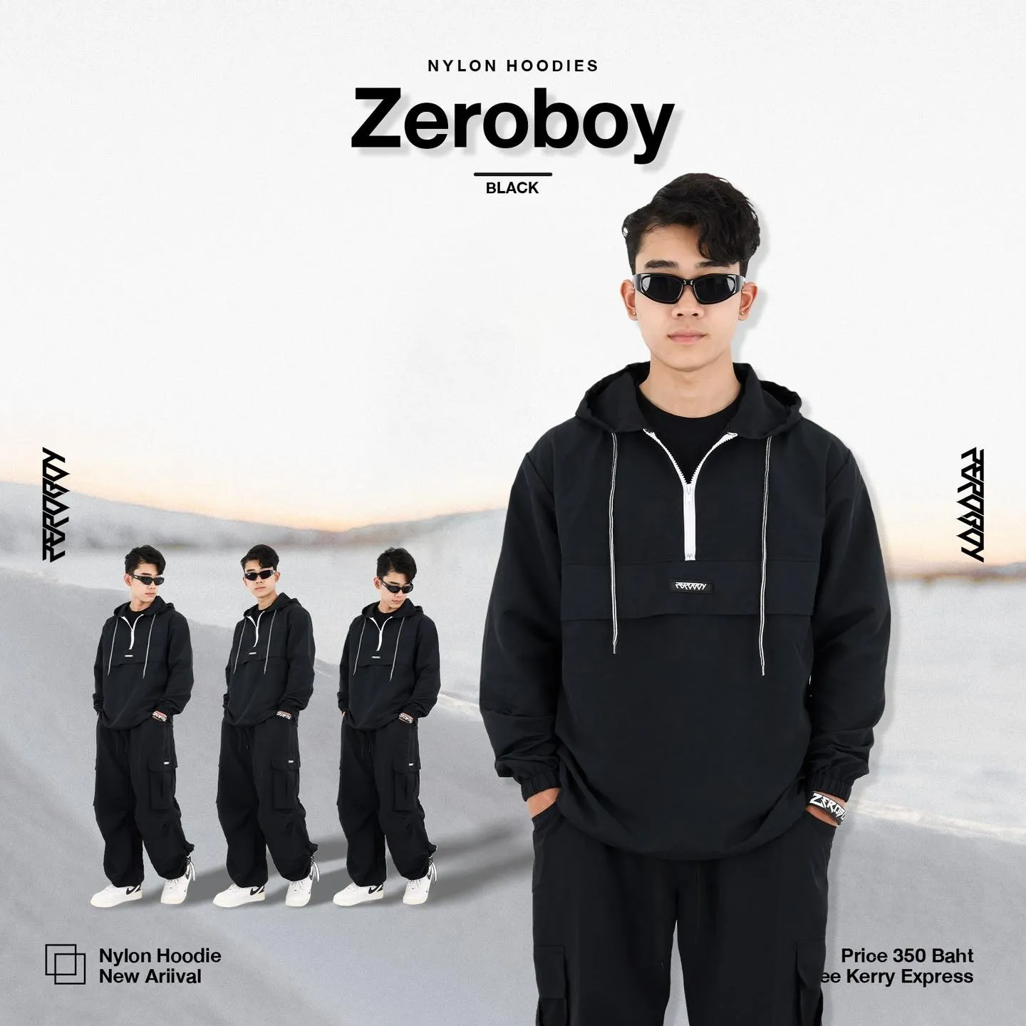 ZEROBOY - NYLON HOODIES “ รุ่น 5 สี สีขาว สีครีม สีเทา สีกรม สีดำ