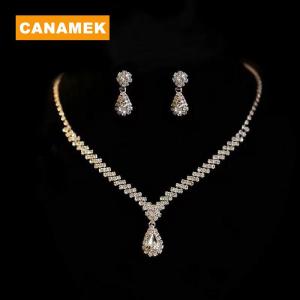 【CANAMEK】 1Set Bridal Necklace Earrings Water Drop-shaped Rhinestone Jewelry Style Sparkling Jewelry Set For Wedding Party Gift