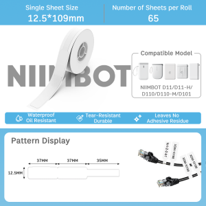 NIIMBOT D11/D110/D101 Cable Lable Paper Cord Sticker Paper Tag with Self-Adhesive Barcode Price Size Name White Labels Waterproof Oil-proof Tear Resistant or School Home Organizer Supermarket Store Catering