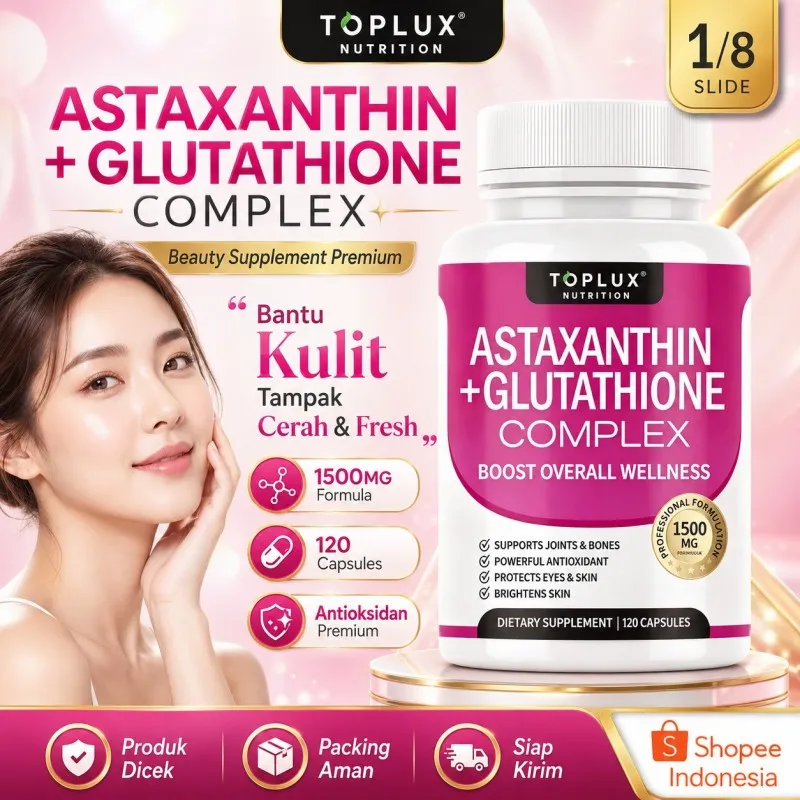 astaxanthin glutathione complex 120 Capsules Suplemen Kecantikan Kulit Antioksidan Perawatan Dari Dalam Glutathione Face & Body تونر للبشرة المرهقة Размер:10 mg