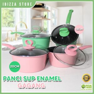 Panci Sup Enamel Dengan Gagang dan Tutup Kaca ANTI LENGKET 18CM 20CM