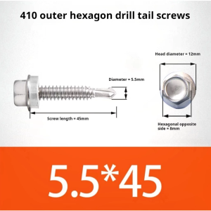 100Pcs 410 Stainless Steel Self-Drilling TEK Screws #12 Hex Head Self-Drilling Screws for Metal