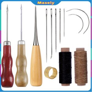 Masely 13pcs DIY Leather Sewing Kit Sewing needle/Wooden Handle Awl/Wax Thread/Sewing Awl