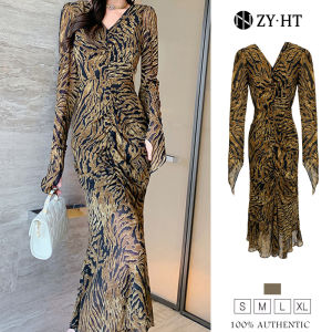 ZYHT (Giải phóng mặt bằng Sử dụng phiếu giảm giá) Váy họa tiết da báo Đầm voan cổ điển váy xộc xệch áo dài tay Cổ chữ v quần áo thu đông nữ eravogue 5243