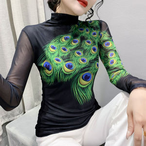 REHIN Áo Nữ Áo Thun Dài Tay Thời Trang Mới Thu Đông Áo Cánh Xu Hướng In Họa Tiết Lưới Cổ Cao Bằng Cotton