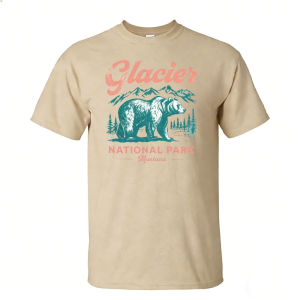 [Local Stock] HBESTY  Glacier National Park Montana Bear Mountain Pine Men Summer Cotton T Shirt Vintage Outdoor Nature Casual Holiday Wear Tee