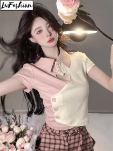 LuFashion Crop Tops for Women Summer Cotton Heart-shaped Polo Collar Short Sleeve Casual T-Shirts