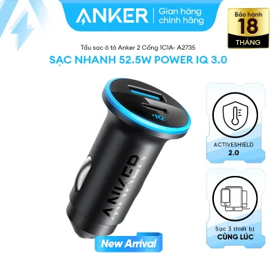 Tẩu sạc xe hơi Anker 52.5W (1 cổng USB-C 1 cổng USB-A) sạc 2 thiết bị hỗ trợ PowerIQ 3.0 Active Shield - A2735