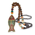 VBNFH Women Men Jewelry Nepal Buddhist Fish Pendant Wood Beads Long Necklace Necklace. 