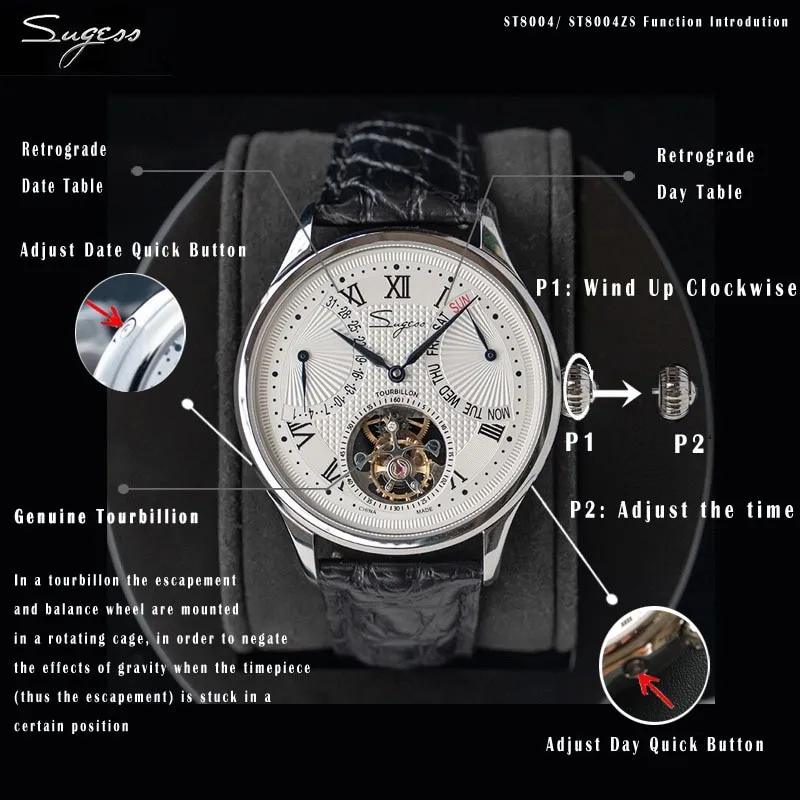 Sugess Tourbillon Men's Wrist Watches Mechanical Hand Wind Watch