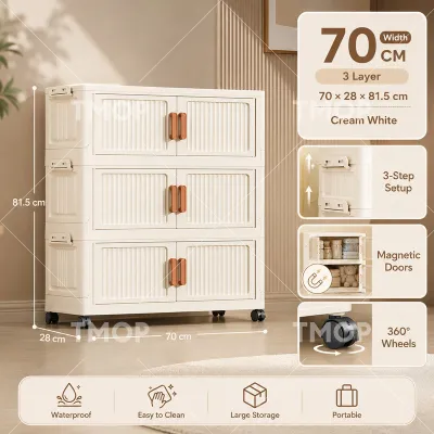 TMOP Transparent Foldable Storage Cabinet With Wheels No Installation Multi-Layer Organizer For Clothes Toys & Snacks Home Use