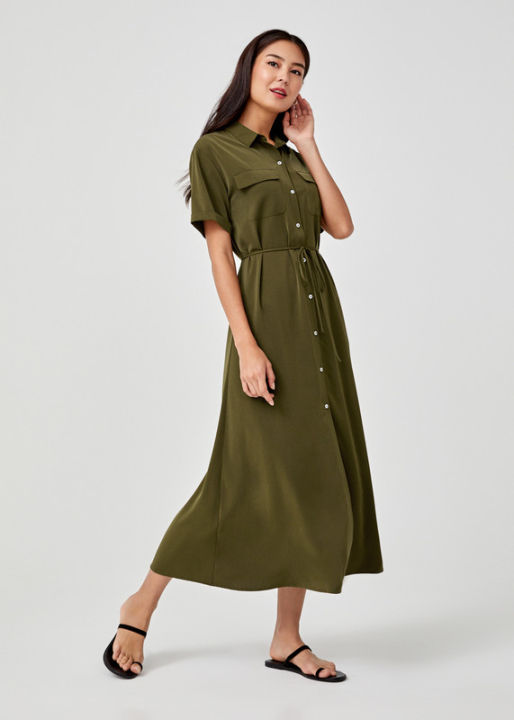 green dress on brown skin Love Bonito Sandcastle Brown High Neck Buttoned Down Bodycon Shirt Dress
