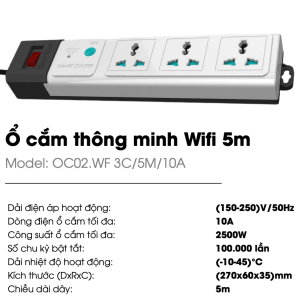 (Rạng Đông)(WIFI) Ổ cắm thông minh Kết nối Wifi Điều khiển từ xa OC02.WF dây dài 3mét & 5mét
