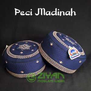 Peci Madinah Bugis Navy Bordir Premium Dewasa List Cream
