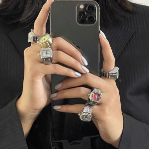 ILOVEDIY วินเทจพังก์ยืดหยุ่นนาฬิกาควอตซ์สำหรับผู้หญิงผู้ชายฮิปฮอปแหวนนาฬิกาแหวนเย็นเครื่องประดับแฟชั่นคู่