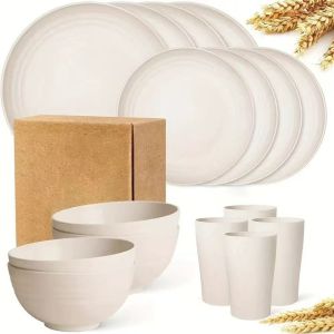 16pcs White/Black Dinnerware Set Eco-Friendly Wheat Straw Plates Bowls and Cups Sets Microwave & Dishwasher Safe Tableware Set