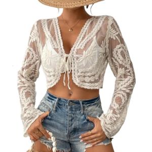 Phong cách ren mỏng nhẹ Áo Tắm coverup cho phụ nữ phía trước Tie bãi biển coverup Áo sơ mi với tay áo dài swimwears coverup áo hở eo